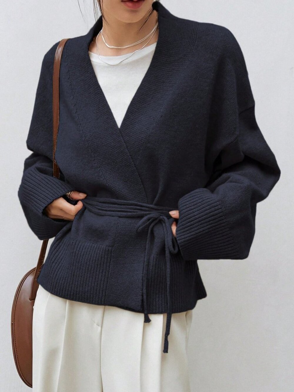 Navy Blue Casual Women's Drop Shoulder Belted V Neck Long Sleeve Cardigan Tops - Picture 2 of 5
